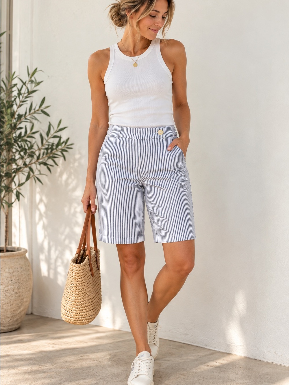 Jones New York Signature Blue White Striped Stretch Bermuda Shorts M